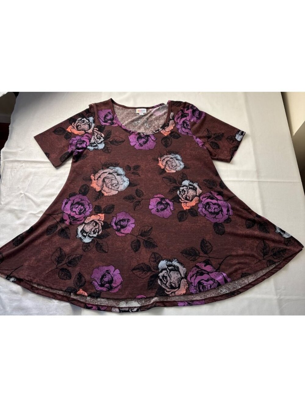 LuLaRoe Size L Womens Floral Dress Brown Stretchy Comfy Vibes Fun Rosey Style!